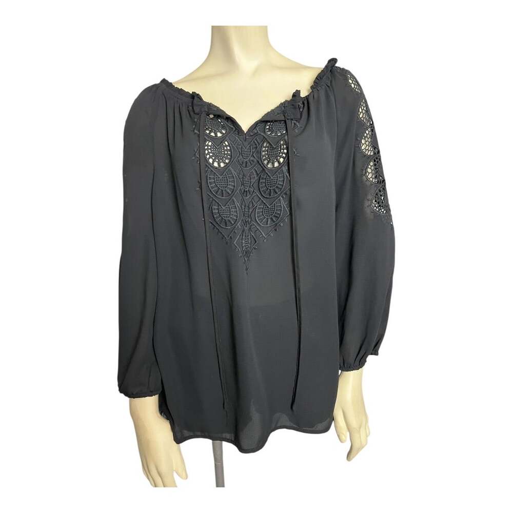 Cynthia Rowley Blouse Women's S Black Boho Peasant Top Crochet Lace Detail